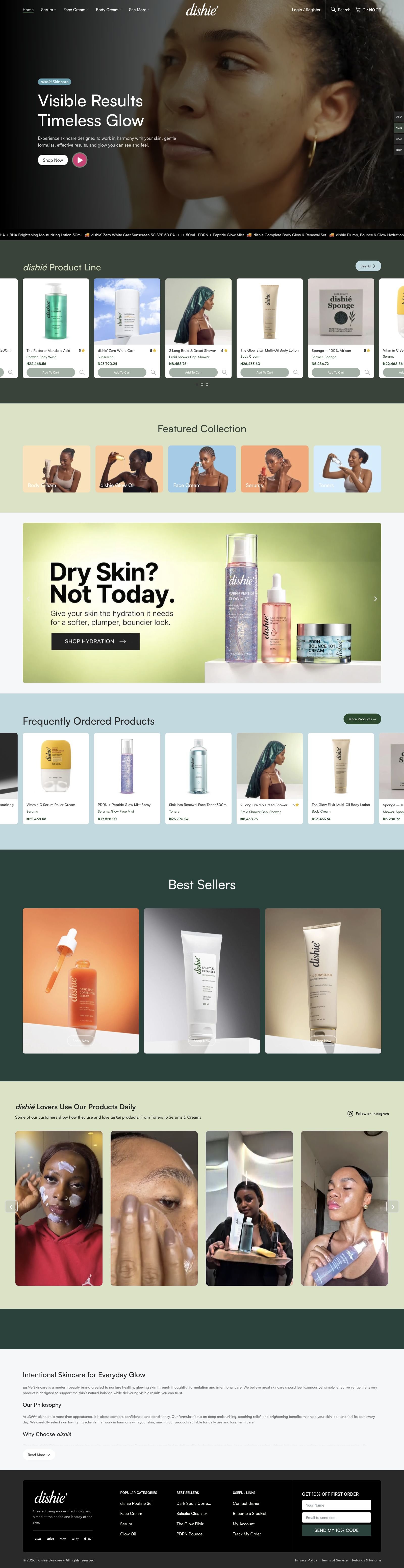 Full homepage of the dishié Skincare eCommerce website designed by Kenneth Ben