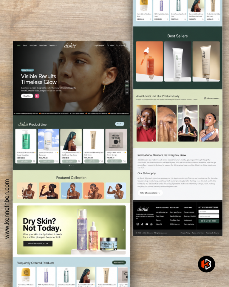 dishié Skincare website portfolio thumbnail with two staggered website screenshots on a wood background